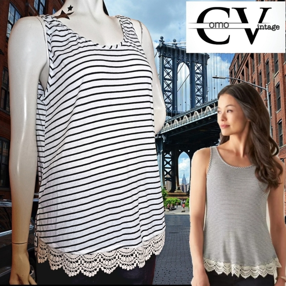 UO New w/Tags Ribbed Black White Striped Tank Top Crocheted Lace Trim XL 14/16 - Picture 2 of 5